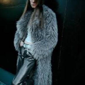 TRENDING  LIGHT GREY ZARA EXTRA LONG FAUX FUR COAT . SELLING FAST!